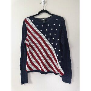 VTG Y2K Petite L Americana Flag Open Knit Sweater USA Patriotic Prep Cottagecore